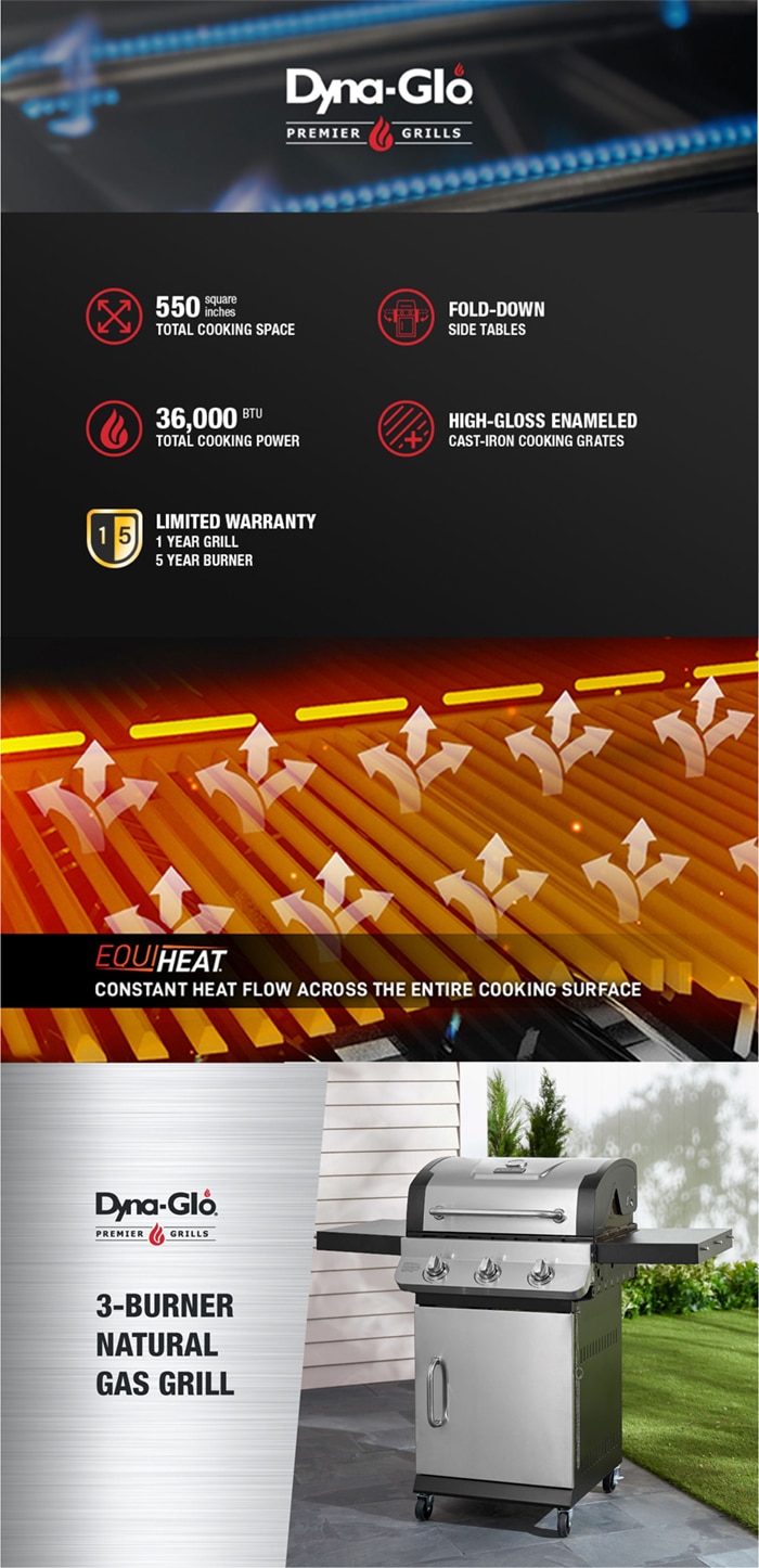 DynaGlo Premier 3Burner Natural Gas Grill in Stainless Steel with